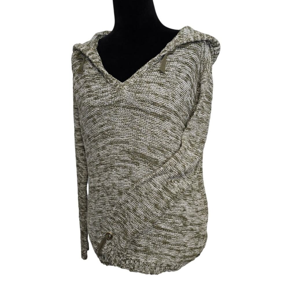 Roxy Green White Marled Knit Hooded Sweater Women 10 Cotton Pullover Hoodie